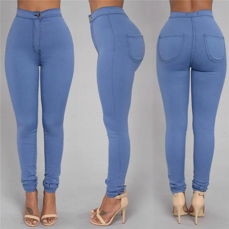 QC Candy color high waist women pants buttons skinny stretch denim jeans white jeans