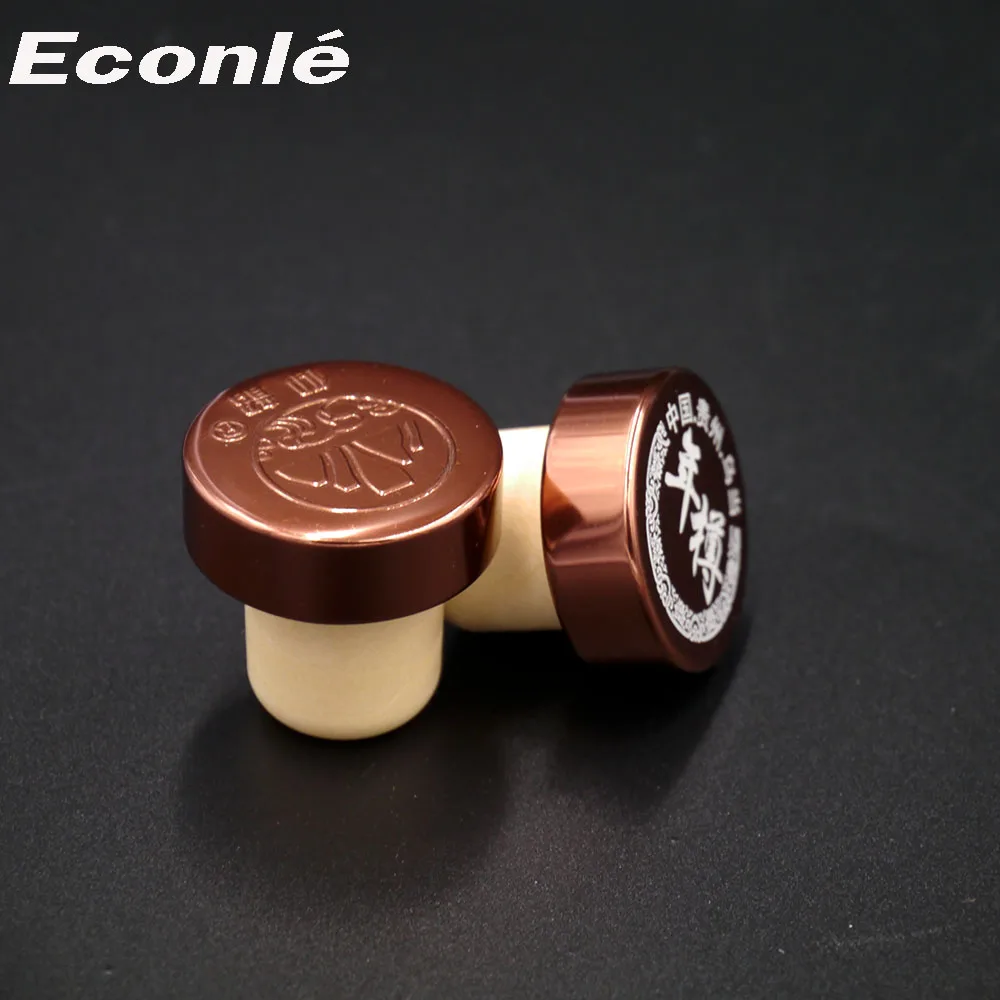 Logo printing aluminium top synthetic cork stopper 22.5*34.5 mm Liquor Whisky Wine Spirit Bottle Stopper bar top closure