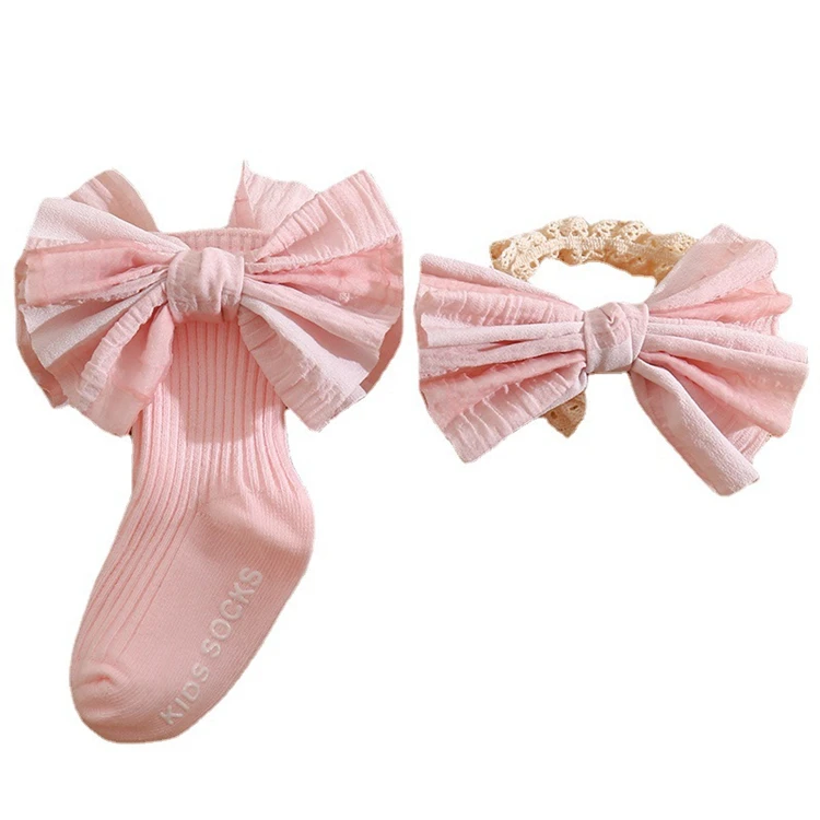 Hstyle Baby Girls Headband Socks Set Newborn Bow Tie Hairband Socks Girls ElasticTurban Baby Hair Accessories Photo Props Gifts