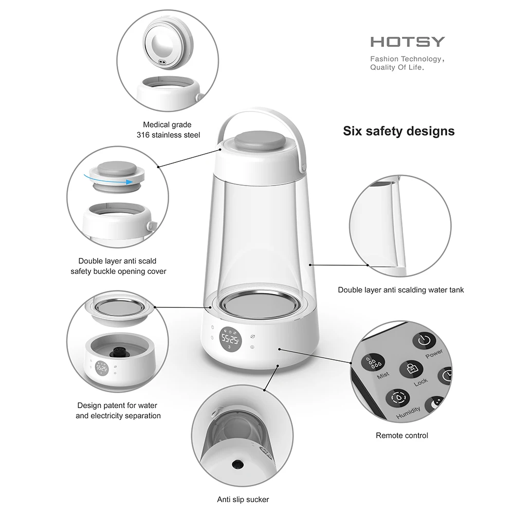 Hotsy 2024 Heated Humidifiers Top Filling Stainless Steel Hot Steam H2O Smart Korean 3L Ptc Heating Evaporative Humidifier
