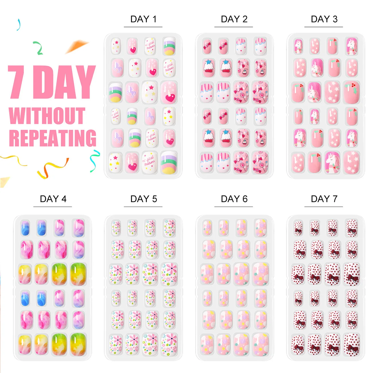 168PCS Children Press-On Nail Art Set Pre-Glued False Manicure Tips Decorative Stick on Nails for Kids Toddler Press on Nails