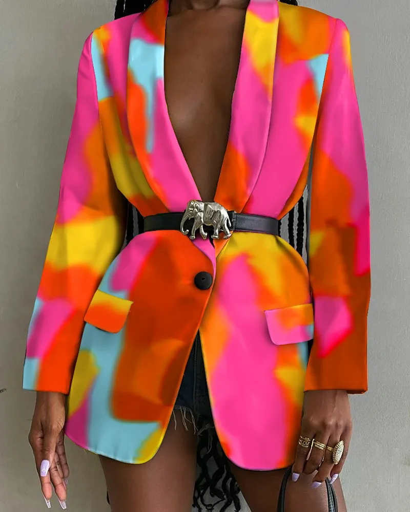 2022 fall Tie dye fashion print shawl collar single breasted belt blazer suit jacket women