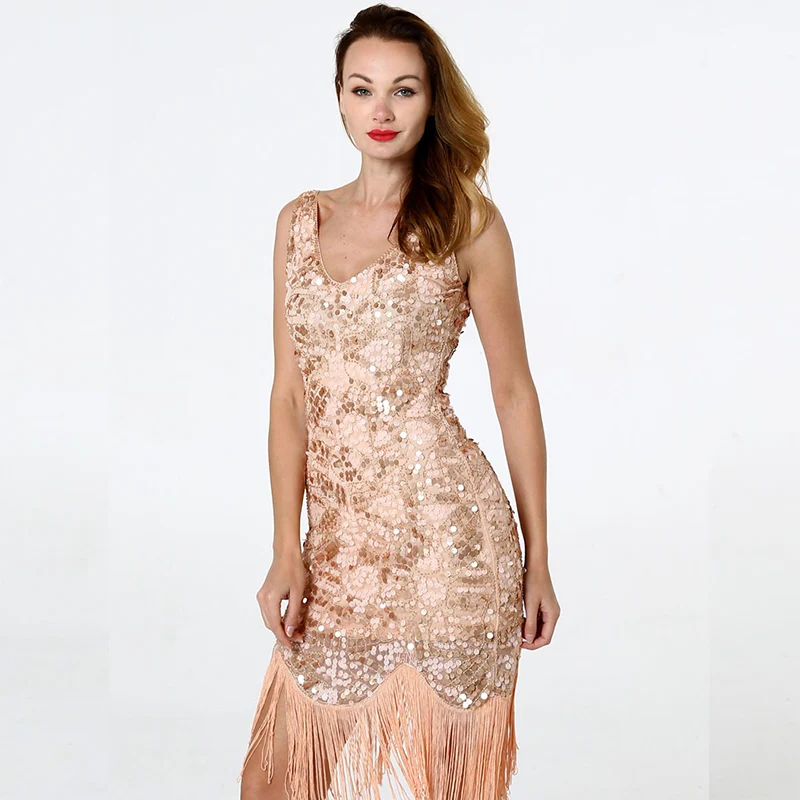 YIZHIQIU OEM beaded sequined vintage handmade fringed V-neck evening dress