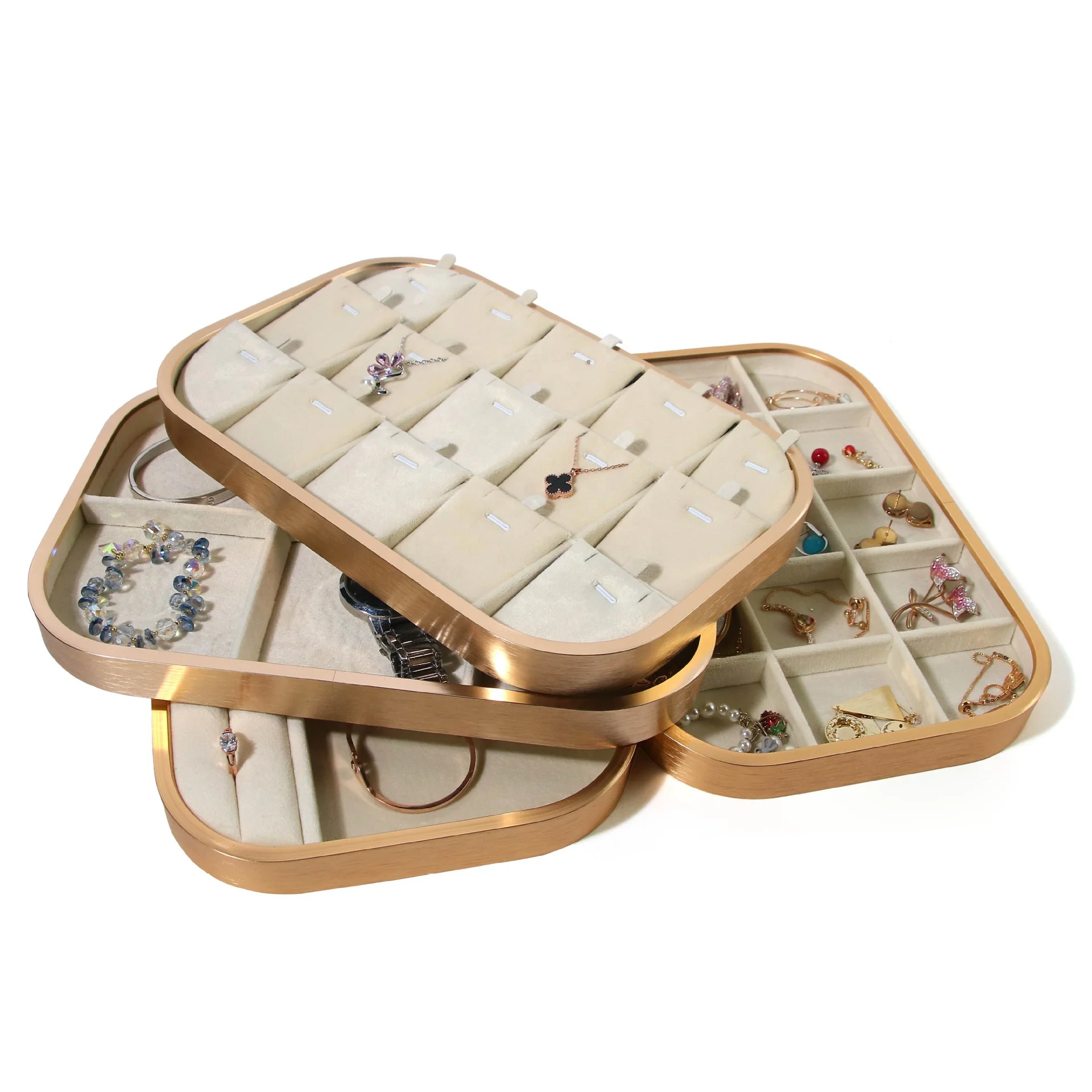 wholesale cream color  jewelry display trays velvet inside metal edge tray