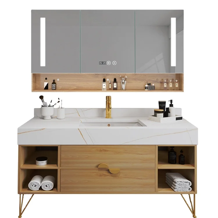 Luxury modern bathroom furniture cabinet vanity washbasin vanity set with three color light  demisted mirror