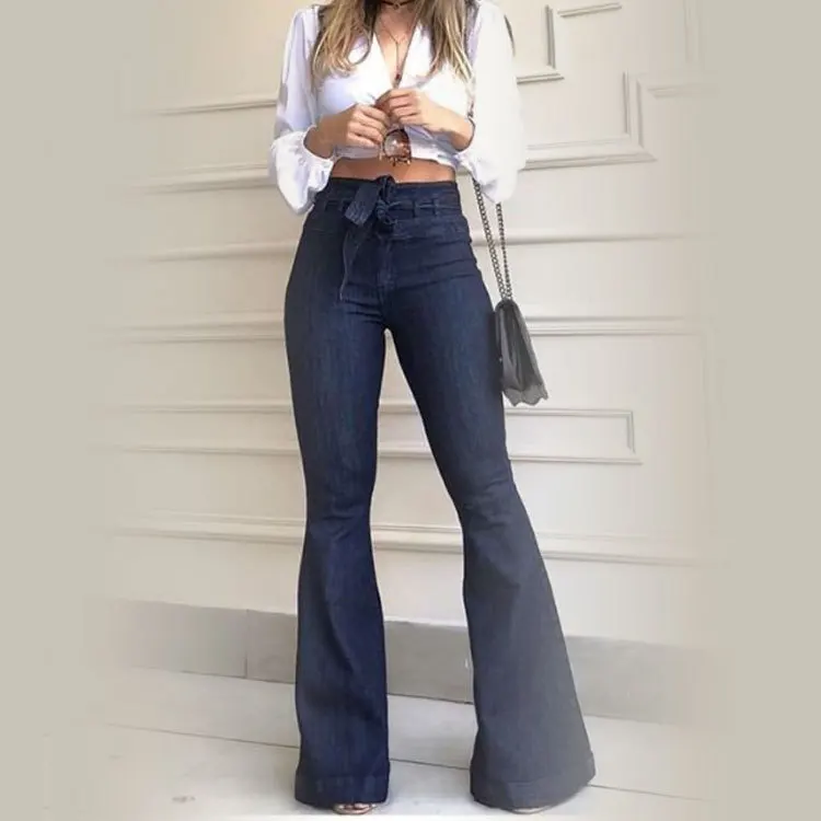 New elastic slim fit lace up wide leg micro La denim pants jeans women 2022
