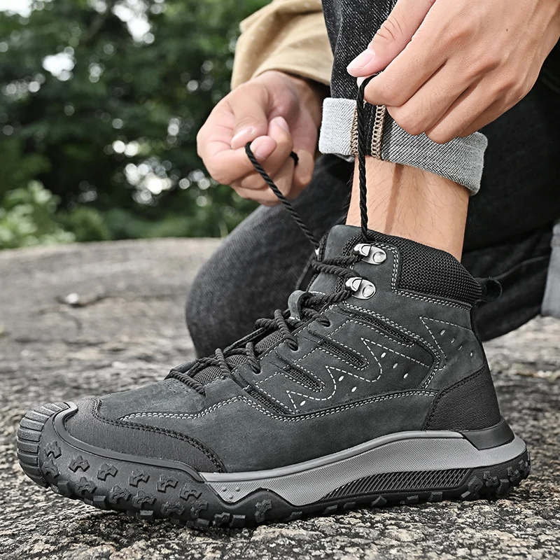 In Ready Stock Custom LOGO Drop Shipping Service Pure Cow Leather Mesh Upper Anti Slip Men Outdoor Hiking Mountain Boots
