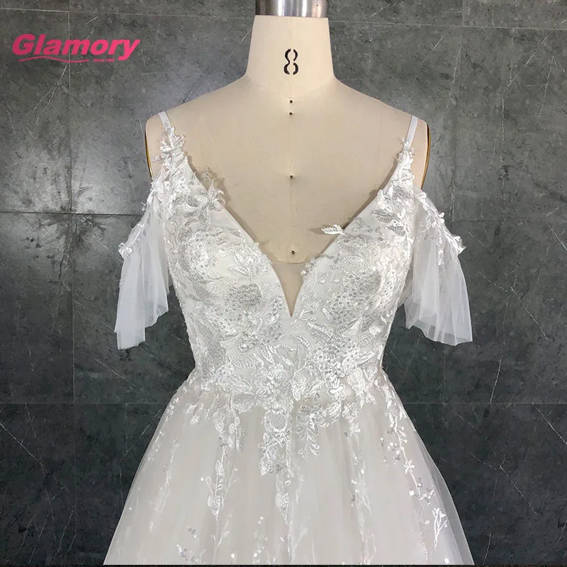 Customized 3D lace wedding dress V Neck Off Shoulder A-line Beach Wedding Gown Dress Bridal