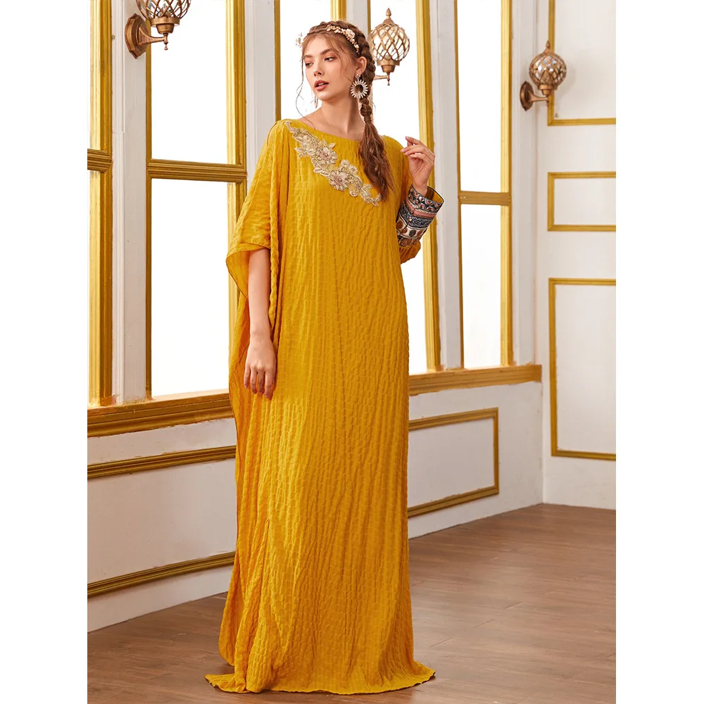 Muslim Event Dresses Women Party Arab Islamic Clothing Casual Round Neck Embroidery Egypt Breathable Summer Loose Abaya Dress