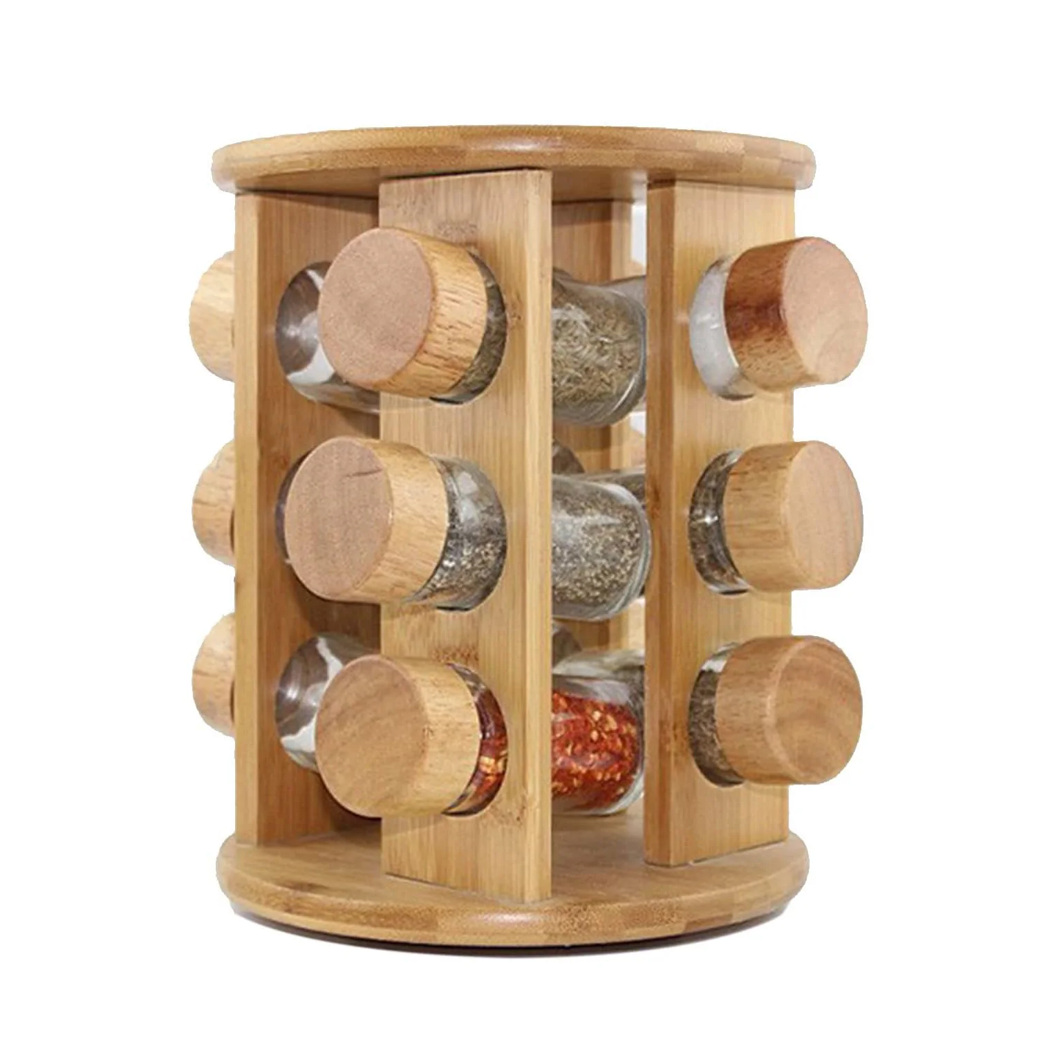 Spice Jar Rack Revolving Rotating Countertop Glass Canister Spice Container Wooden Spice Organizer