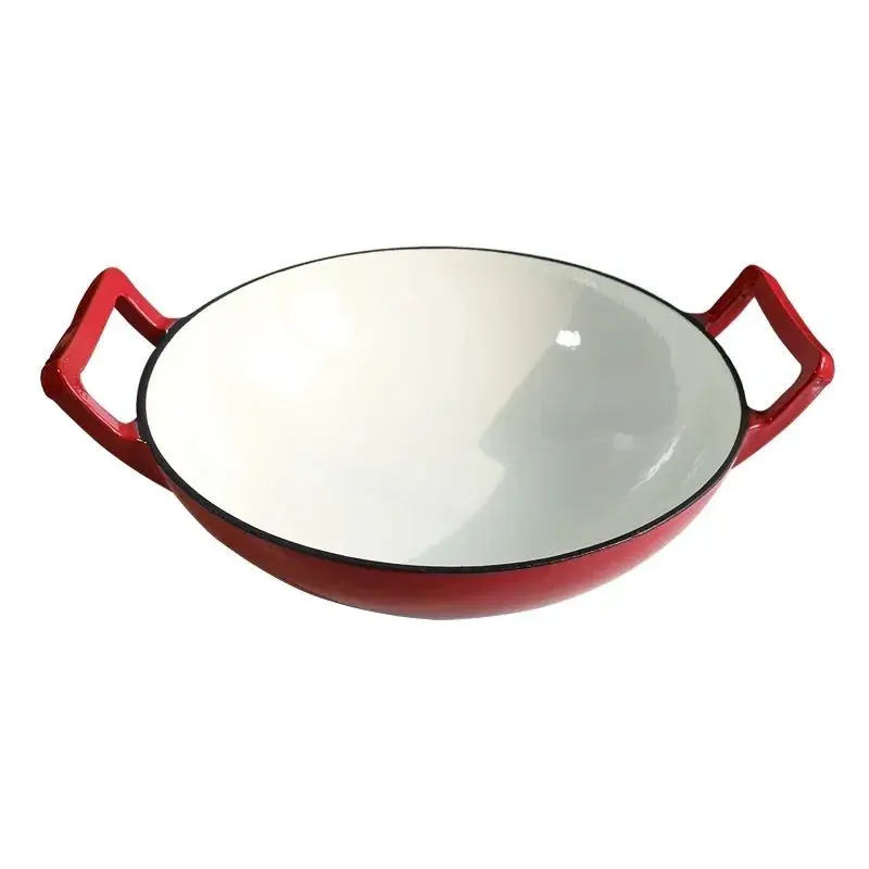 Double Handle Round Non-stick Pan Kitchen Cookware Enamel Cast Iron Frying Pan With Wooden Lid