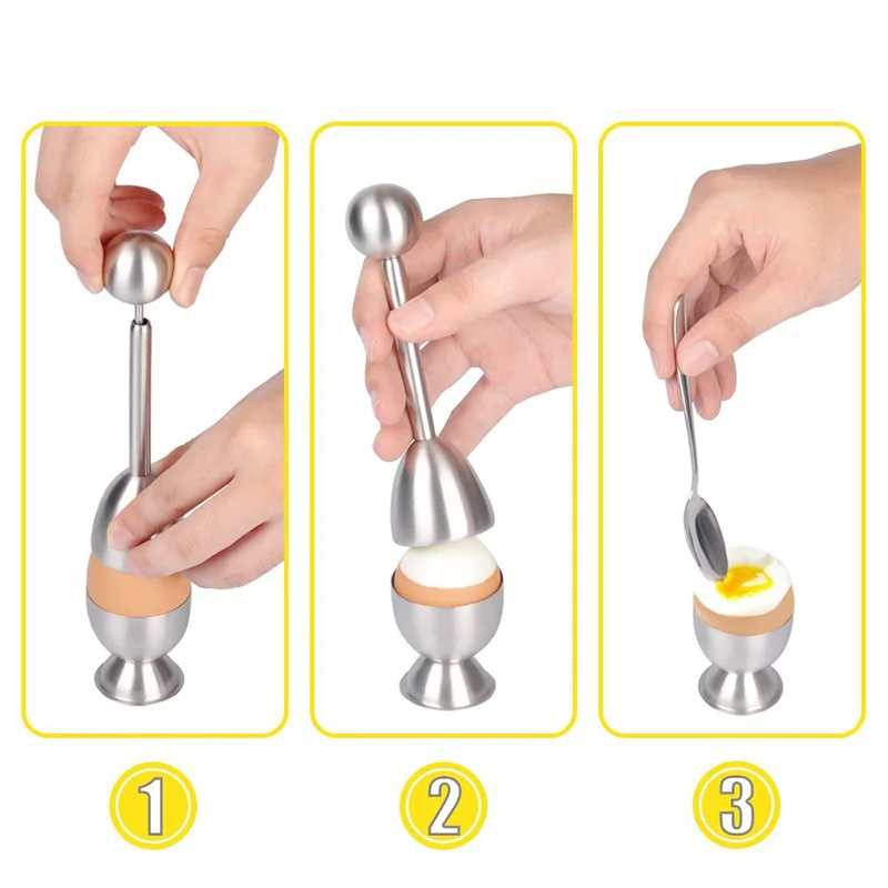 Egg Cracker Topper Set of 5 - Includes 2 Egg Cups, 2 Spoons and 1 Cutter - Stainless Steel Easy Egg Opener