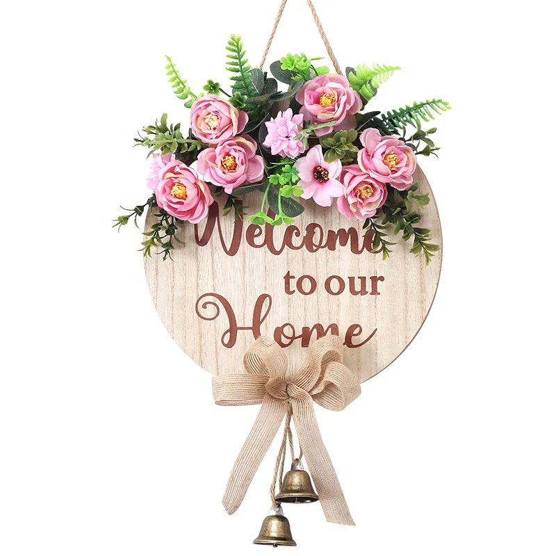 artificial flower round wood sign welcome wreaths decor sign front door