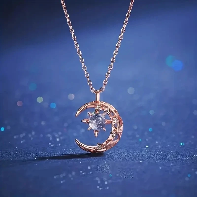 Starry Sky Galaxy Moon Star Pendant Necklace Inlaid Shiny Moonstone Dainty Clavicle Chain Hollow Crescent Diamond Necklace
