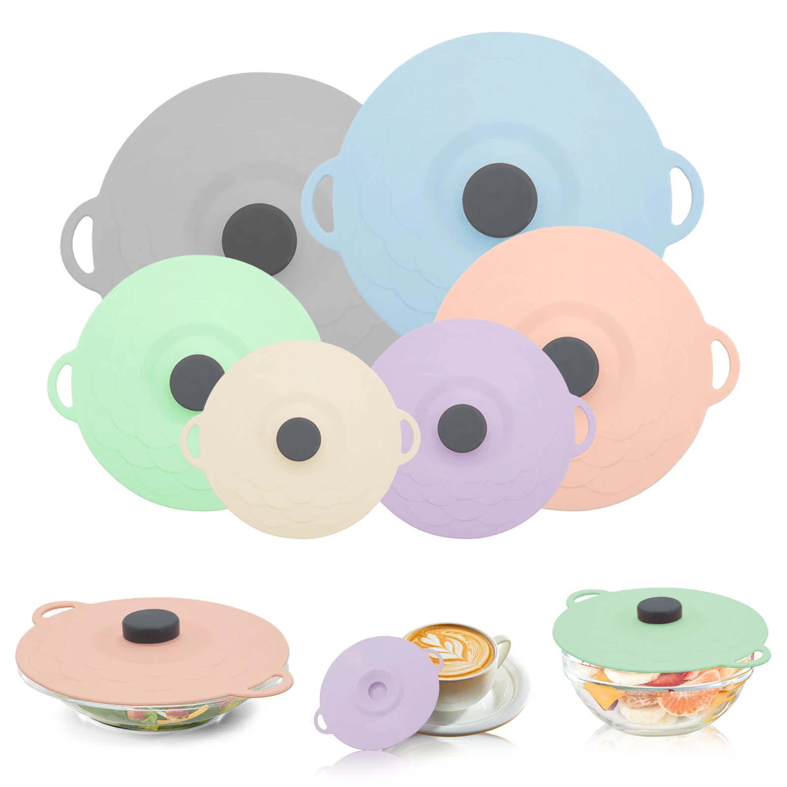 5 Pack Silicone Pod Lid With Holder Universal Fit Container Lids Silicone Lid Set for Bowls Glass Coffee Cup Pan