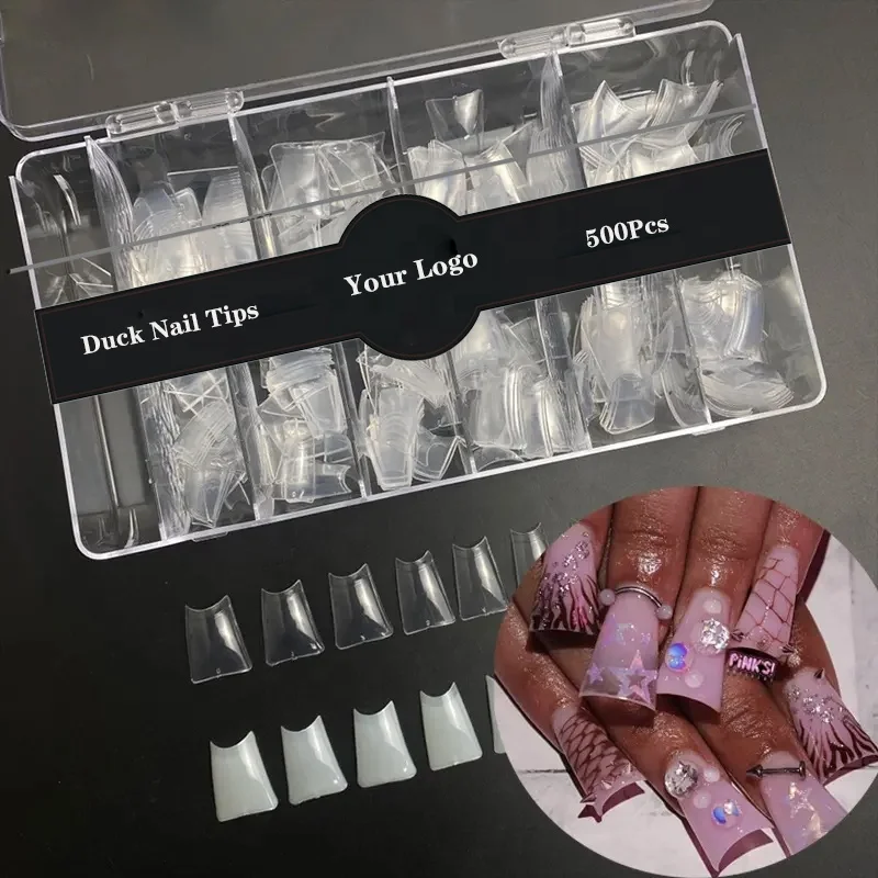 Universal Duck Feet Nail Tips 500pcs/box Private Label French Clear Artificial Fingernails Half Cover False Wide Duck Nail Tips