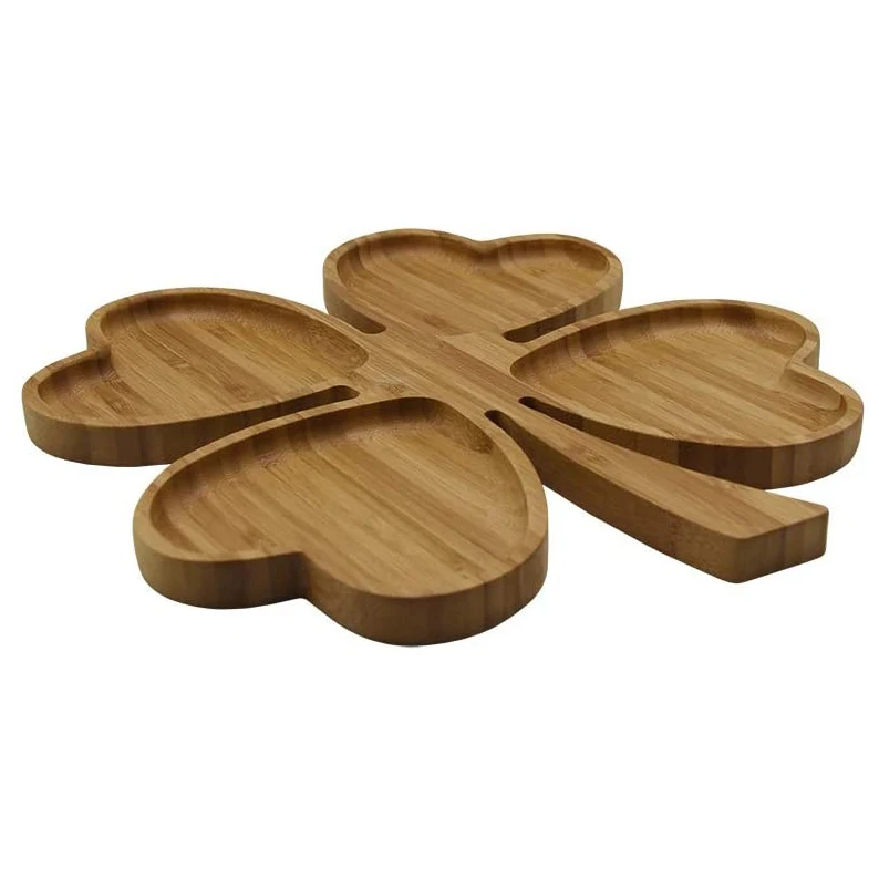 
Factory Customized Four-leaf Clover Shaped Bamboo Fruit Snack Serving Tray with Four Grids 