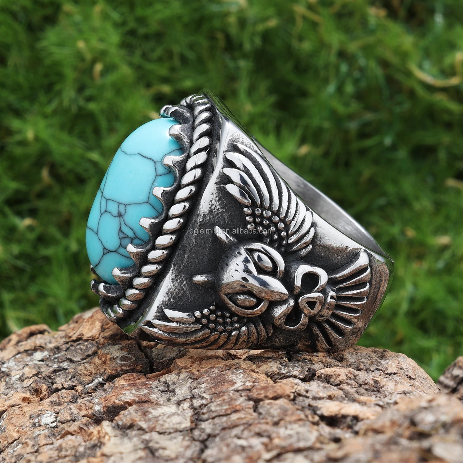 Stainless Steel Eagle Curved Inlaid Black Agate Arabic Man Wedding Engagement Band Ring Natural Tiger Eye Stone Rings for Men