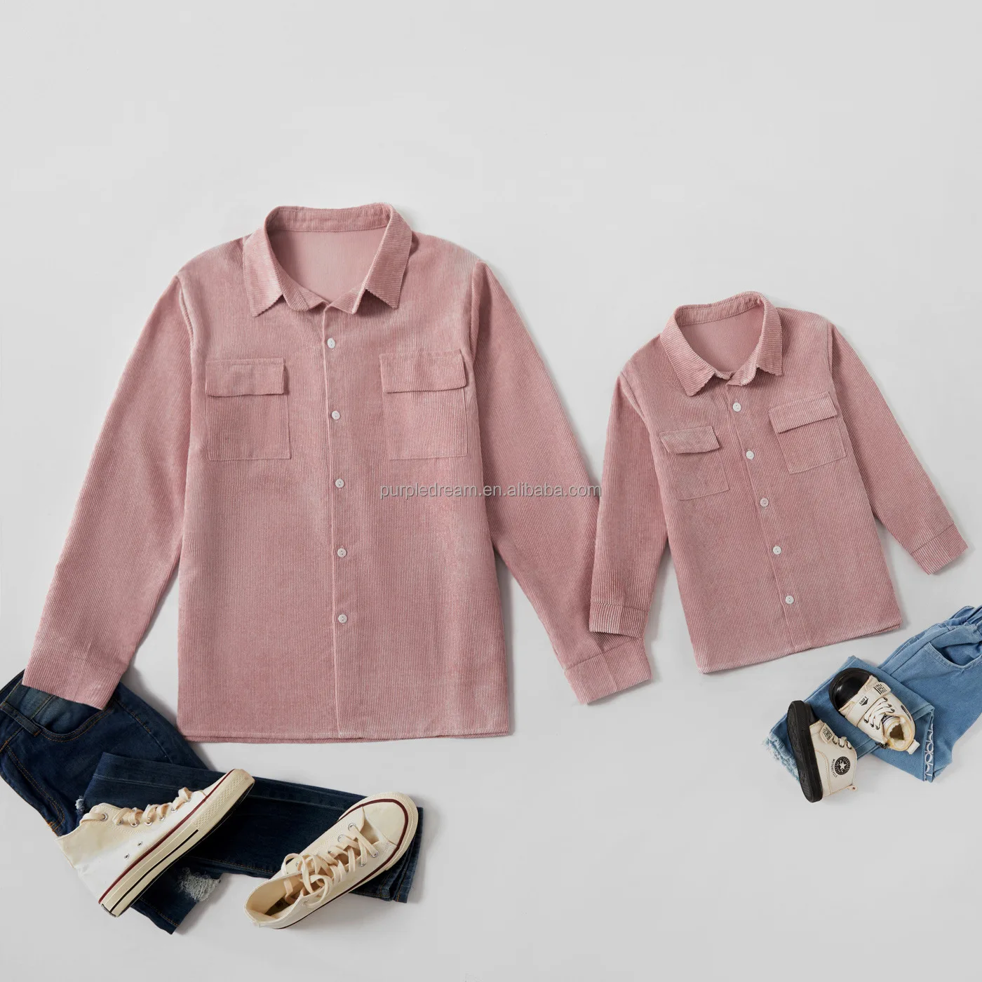 
Spring Autumn Pink Velvet Turn-down Collar Single Button Long Sleeved Blouse Family Matching Shirt 