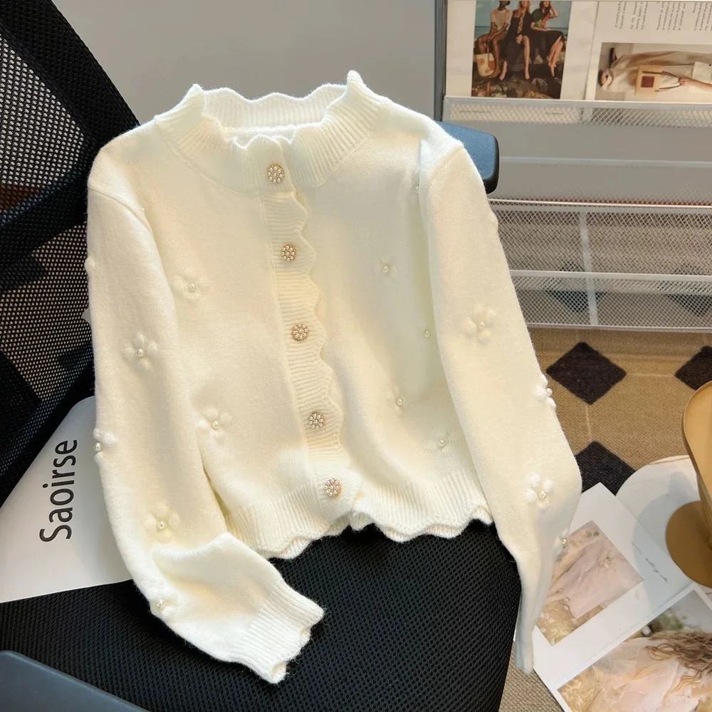 Flower Sweater Jacket nail Bead Knitted Cardigan japanese College Style Sweater