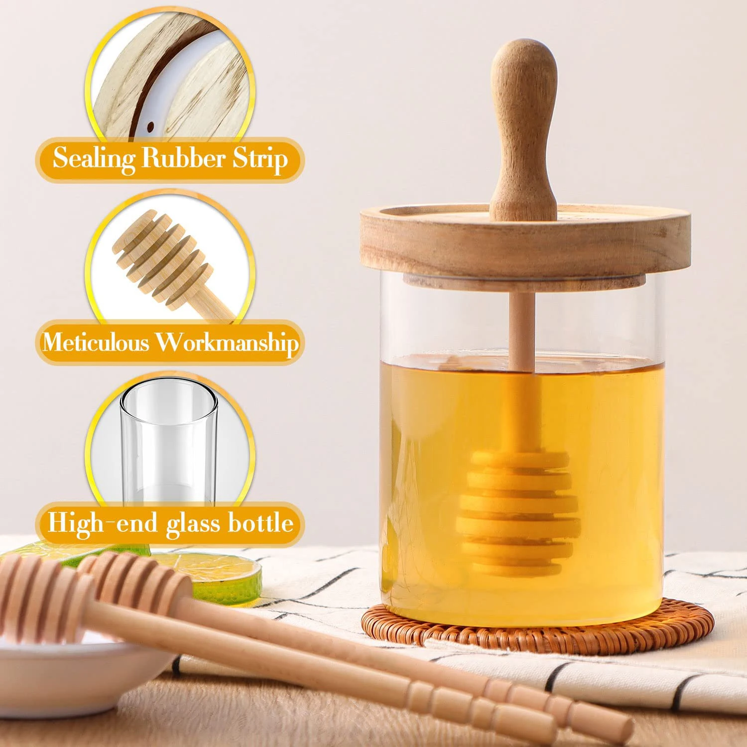 Honey Dipper Stick and Jar Set Glass Honey Jars with Wood Lid Glass Honey Jar With Dipper