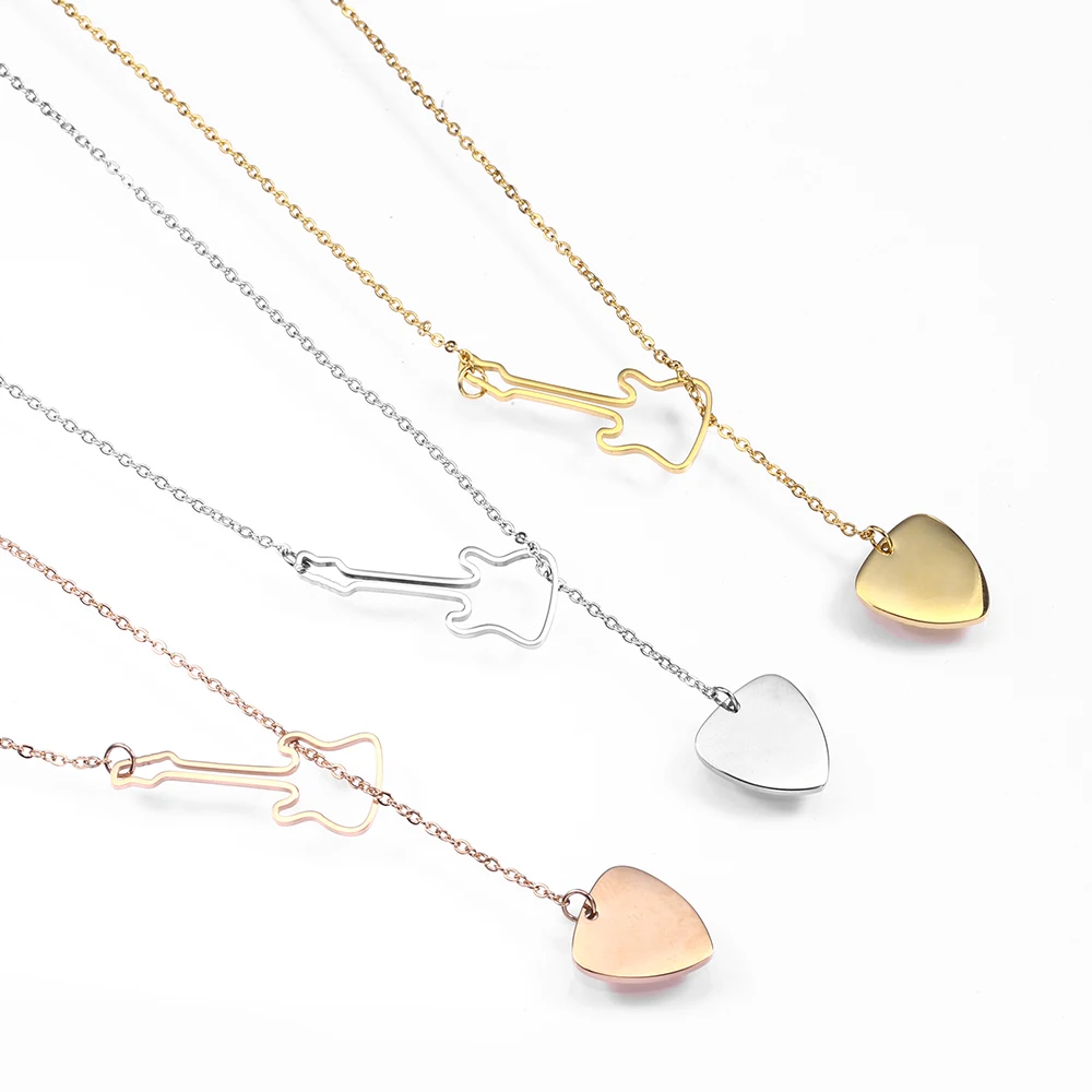 Hot Stainless Steel Music Series Gold Guitar Picks Shaped  Pendant Necklace