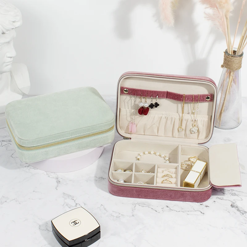 New Zipper Velvet Jewelry Travel Case Jewelry Accessory Storage Box Portable Jewelry Organizer for Women