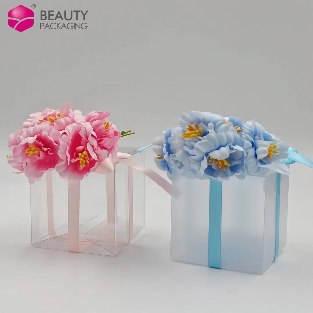 7*7*7 Clear PVC Box For Small Gifts Wedding Candy Box With  Colored Ribbon
