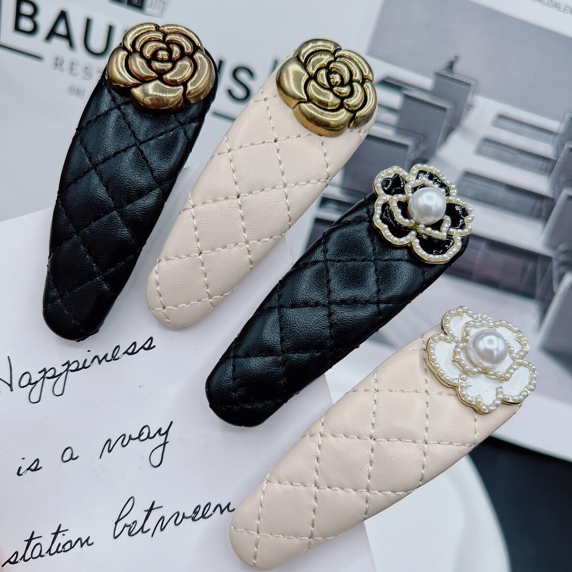 New Arriving Camellia Hairclip PU Leather Flower Hairpins Retro Pearl Hairgrips Temperament Women Hair Accessories