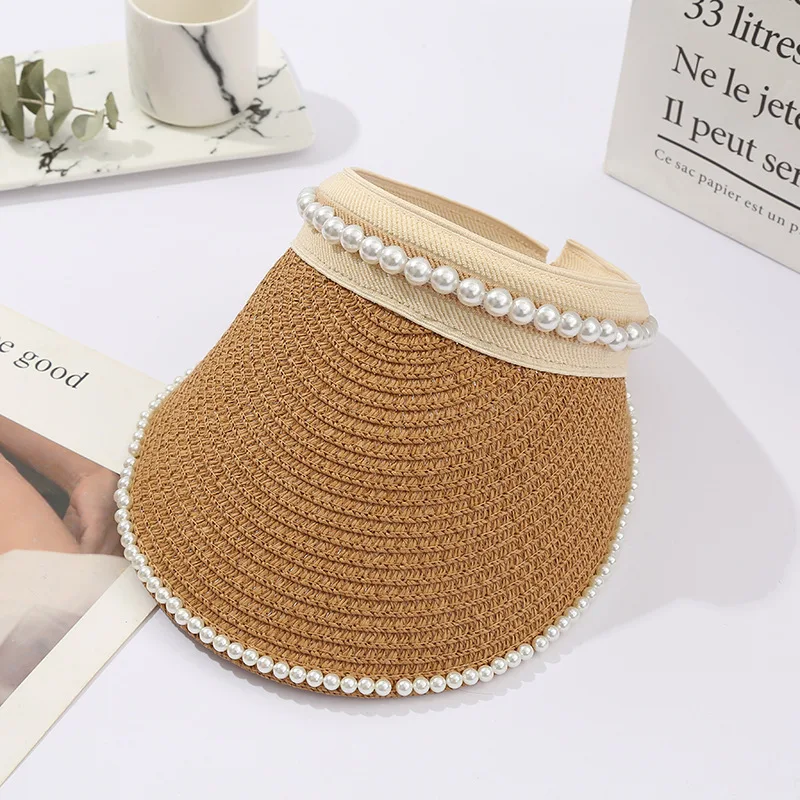 Woman Girl Summer Pearl Straw Visor Cap Empty Top Clip Hat Beach Cycling Golf Sun Protection Hat Korean Japan Fashion Visor Caps