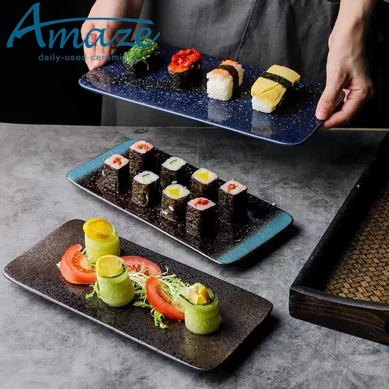 Japanese style rectangle dessert sushi serving ceramic restaurant black tray plates for sale