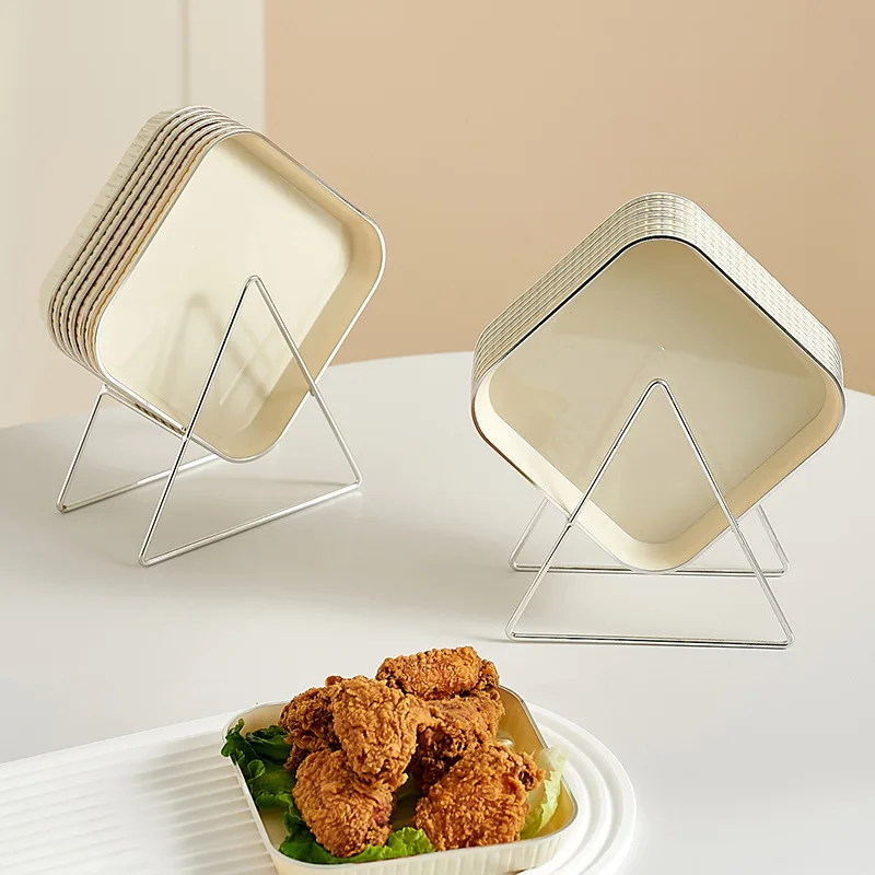 Wholesale Set Price Dinner Plate Set with Drain Rack Beige and Black Square Plastic Plate Set