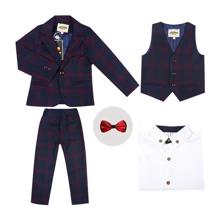Kids formal dress wedding party suit 4 pcs plaid suit for boys