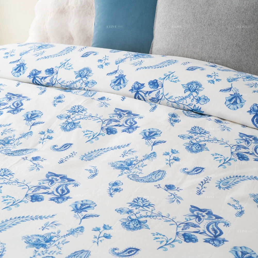 stonewashed Wild Flowers Printed Bedding Ultra Soft Linen Cotton Duvet Cover Pillowcase Set Zipper Button Closure All Season Use