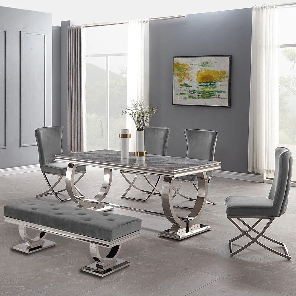 Modern Furniture kitchen dinning table and 6 chair Luxury restaurant metal stainless steel marble dining room sets dining tables