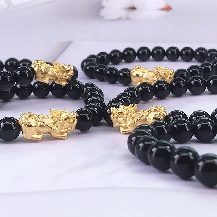 Firstmadam 24K Pure Gold 3D Hard Gold 2g Piyao Pixiu 8mm Beads Lucky Charms DIY Bracelet