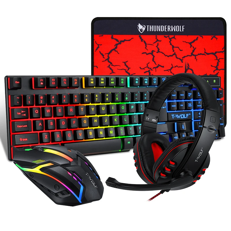 4 in 1 Mechanical Feeling Gaming Keyboard Mouse Combos RGB Rainbow Wired Magic Keyboard