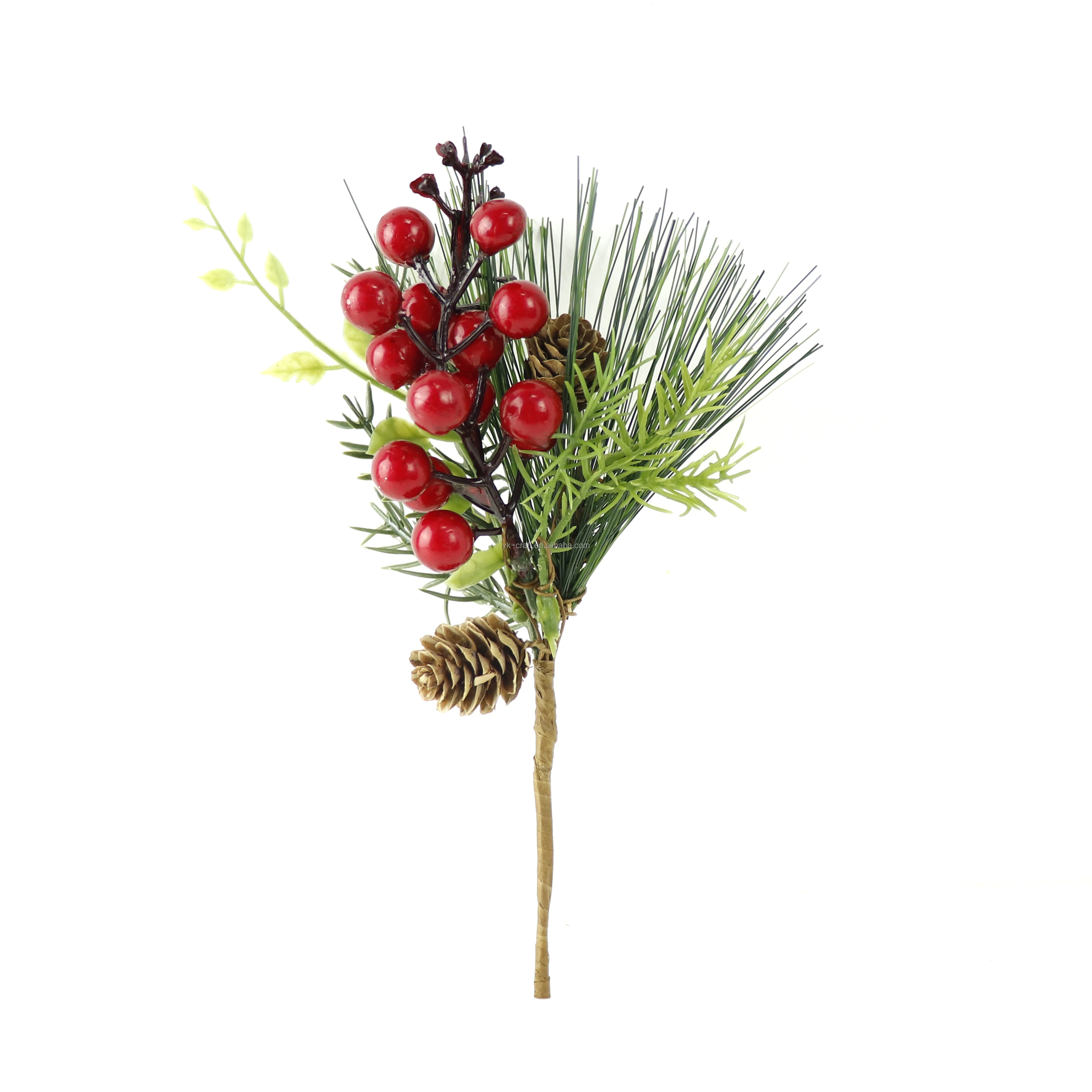 New Arrival Red Berry Floral Christmas Pick Greenery Pine Needle Branch Artificial Wire Base With Natural Pine Cone