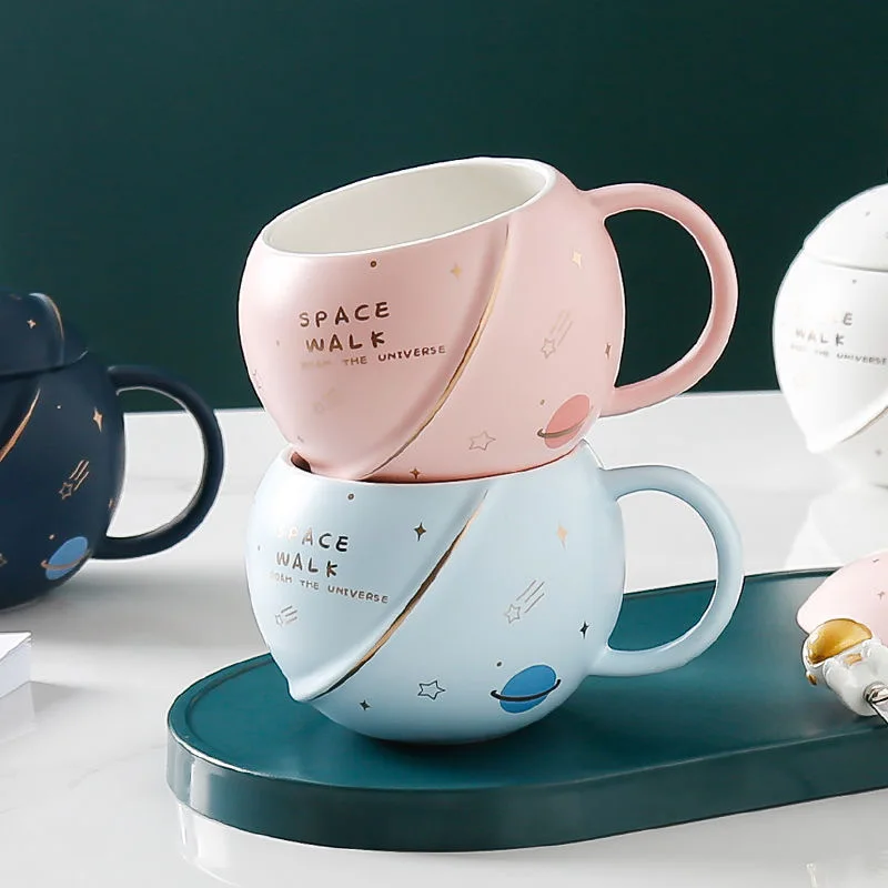 Creative Design Ceramic planet cup mug with lid and spoon Lovely bone china tea cup coffee mug for kid gift Multiple color