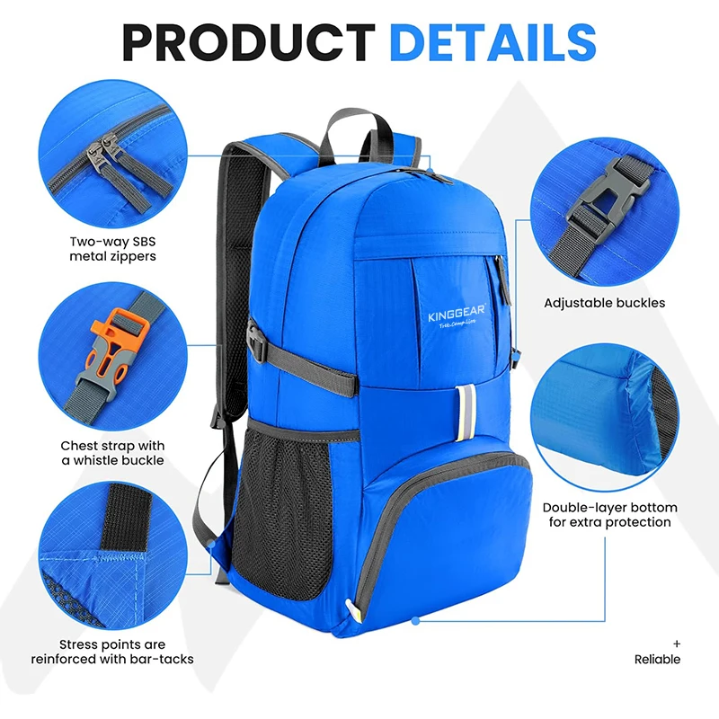 KINGGEAR Foldable Backpacks Collapsible Packable Backpack Compact Day Pack 35L Lightweight Hiking Backpack for Travel