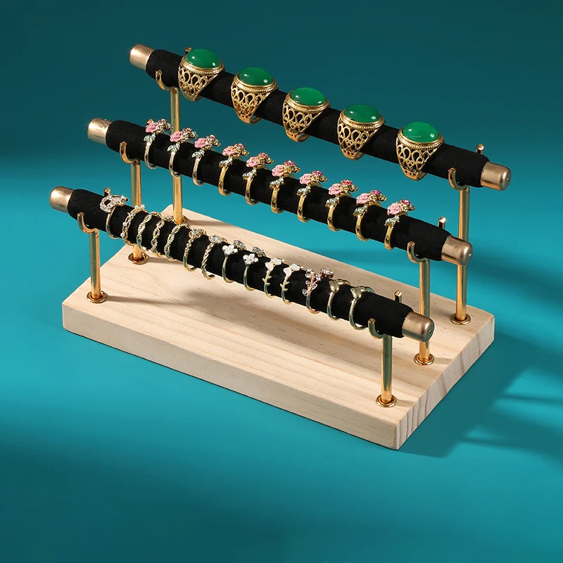 Three-Layer Solid Wood and Wrought Iron Ring Display Rack Jewelry Packaging & Display