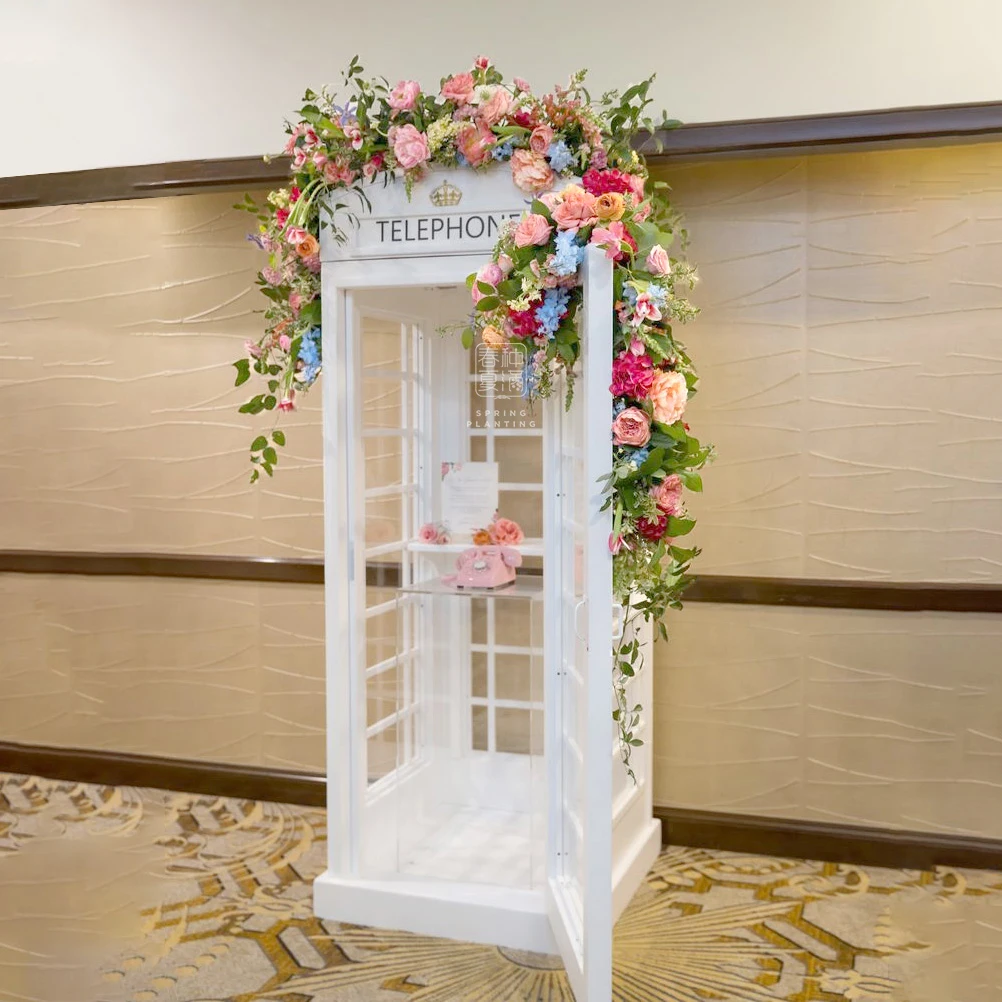 OEM  London Telephone Booth Antique Pink Floral Custom Color Wedding Decor Outdoor Telephone Booth with Artificial flower