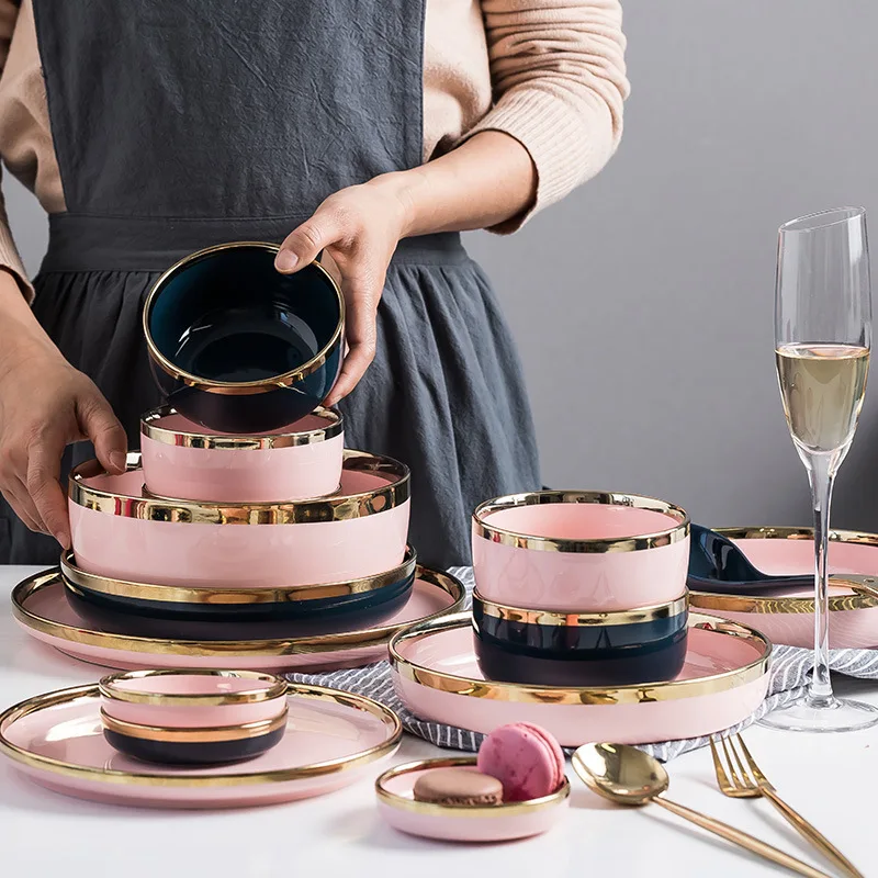 German porcelain marble luxury dinnerware tableware gold rim pink and green restaurant ceramic plates dishes sets modern