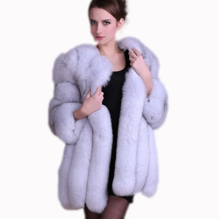 White plain color luxury real fox fur coat round collar women winter fur loose coat