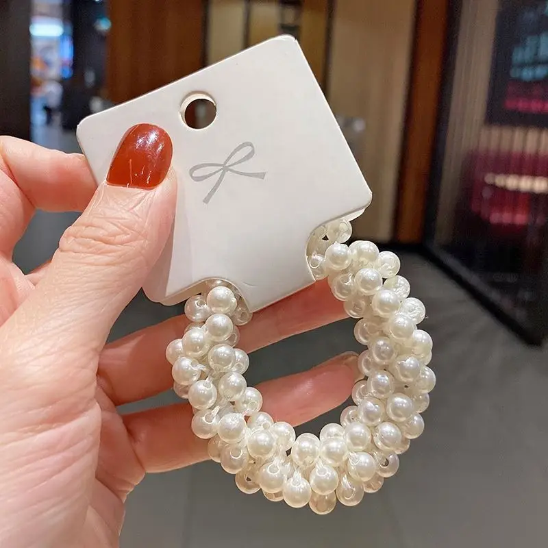 Handmade Crochet Candy White Full Crystal Pearls Ponytail Scrunchies Ties Elastic Rubber Hair Accessories Women Pearl Hair Bands