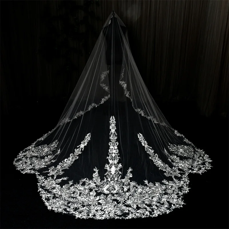 ROMANTIC Luxury Bridal Veils Cathedral Length Long White Ivory Lace Wedding Veils With Comb