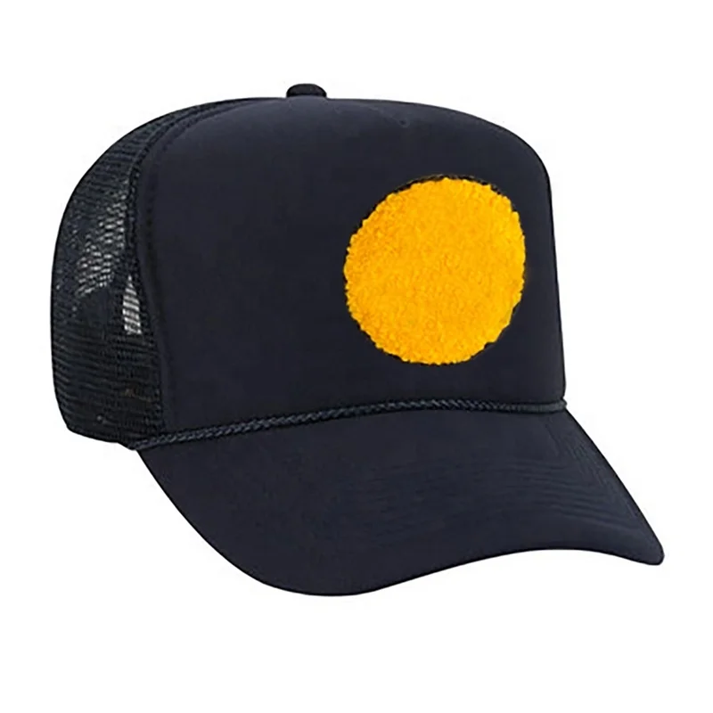 Custom 5 Panel Custom Smiley face Chenille Patch Foam Trucker Hat With Rope