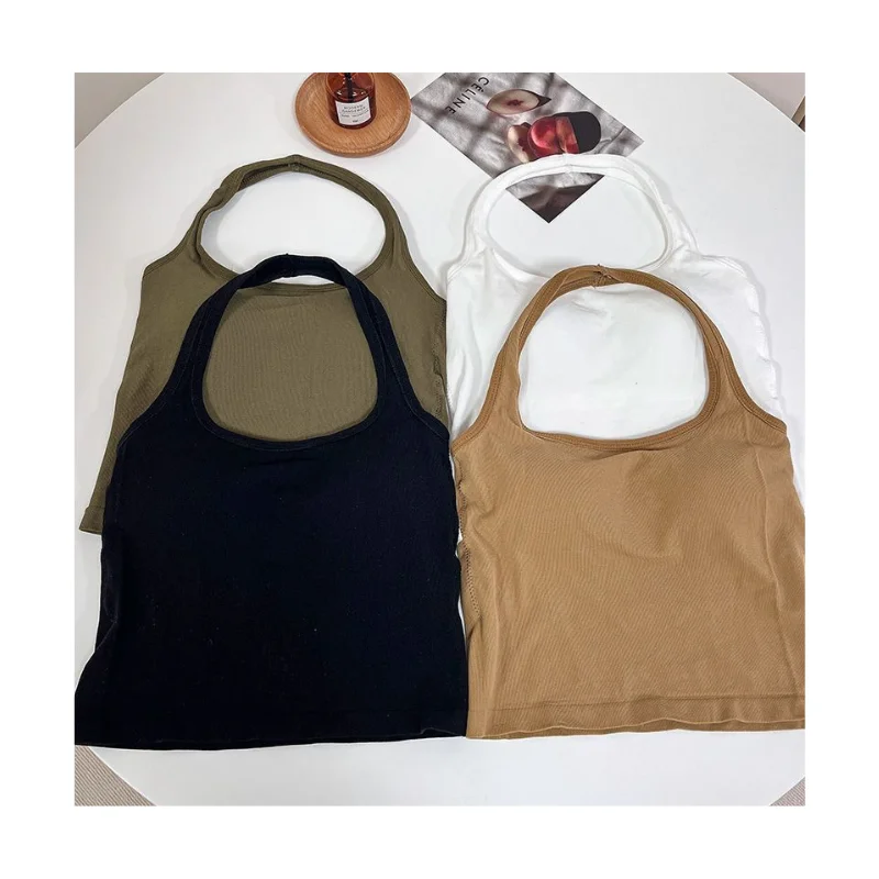 Hot spice girl summer camisole beauty back neck shoulder crop tank top knitted vest femme sexy padded halter