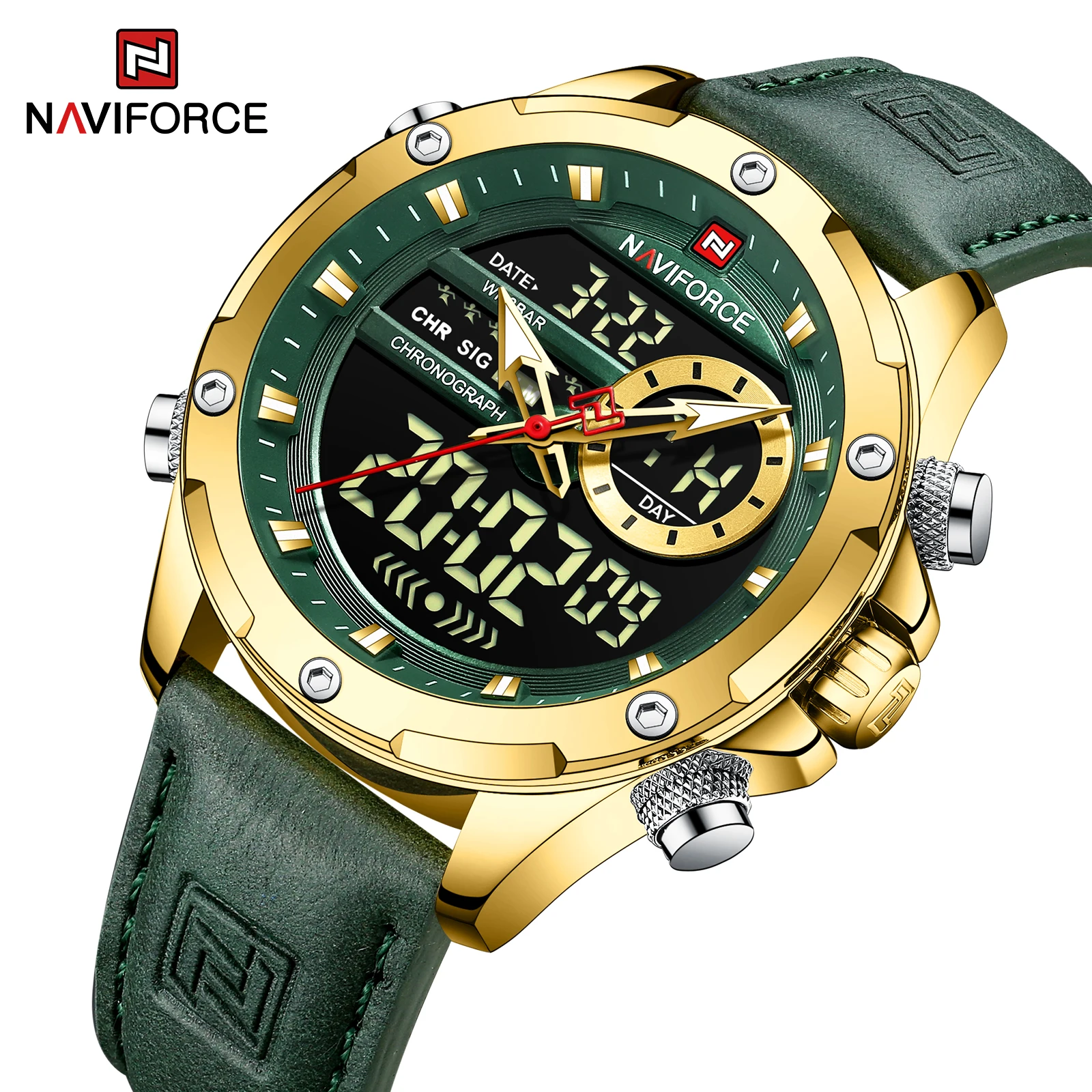 New Arrival NAVIFORCE 9208 Genuine Leather Strap Auto Date Analog LED Digital Quartz Watches For Men