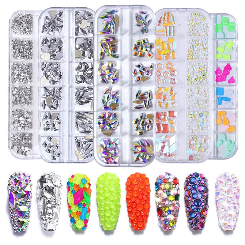 Hot sales 3d Nail Art Crystal Rhinestones Flat Back Luminous Ab White Crystal Stones Mix Sizes in Box